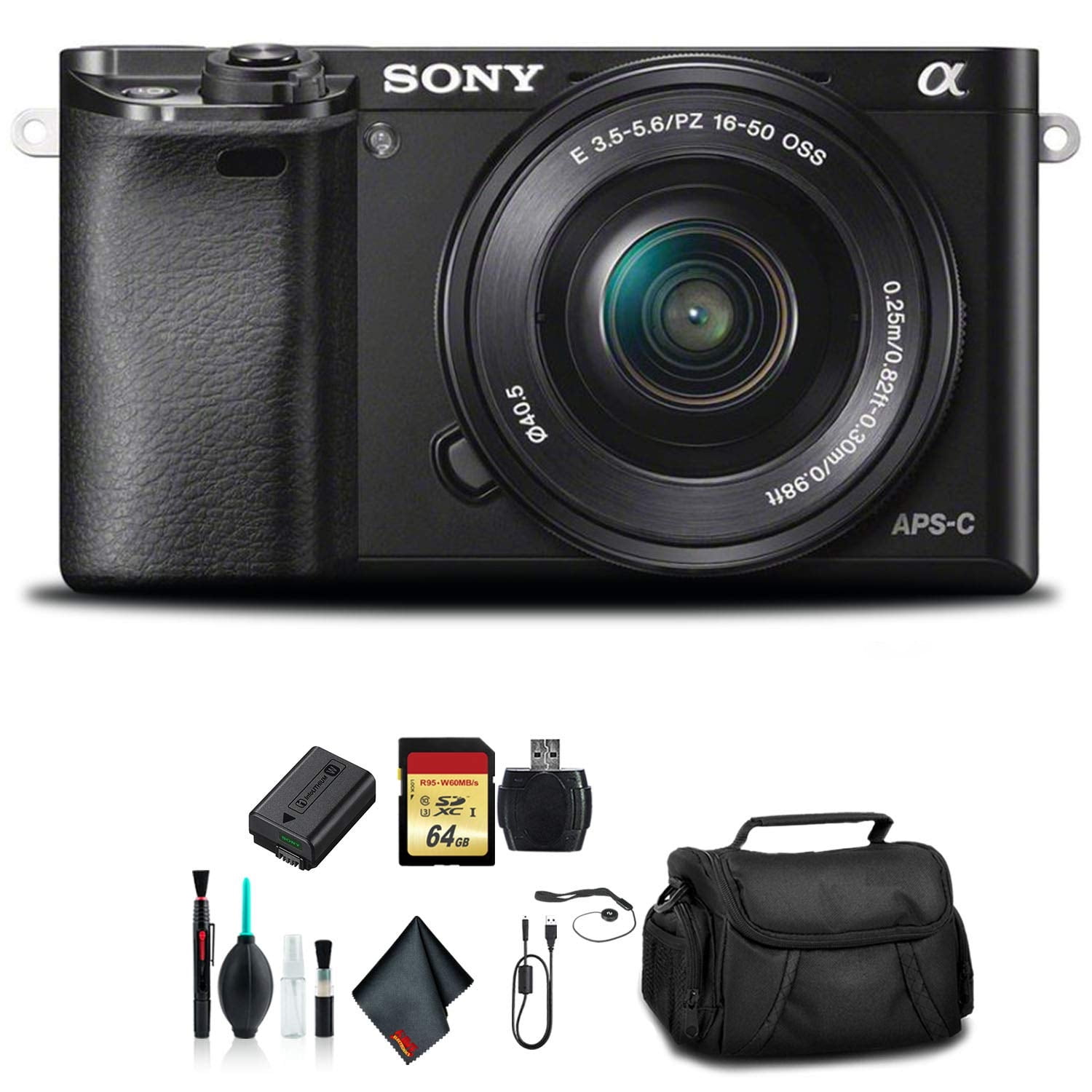 Sony Alpha a6000 Mirrorless Camera with 16-50mm Lens Black + 64GB Card & Accessory Bundle (International Model)