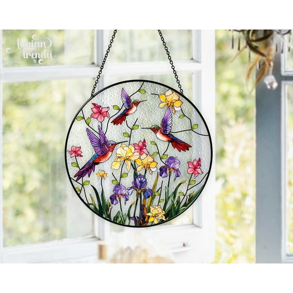 Hummingbirds Stained Glass Suncatcher, Indoor Decor, Wildflowers Window Hanging, Gifts for Women, Hummingbird Memorial, Xmas Gifts