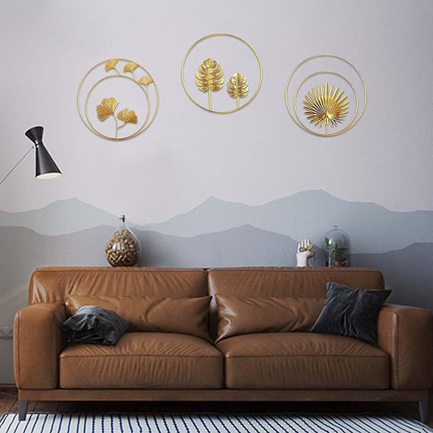 3 piezas de esculturas de pared de hierro de metal, hojas de hierro, decoraciones de hojas de ginkgo y decoración de palmeras de pared, decoración de pared redonda para colgar en la pared para el hoga