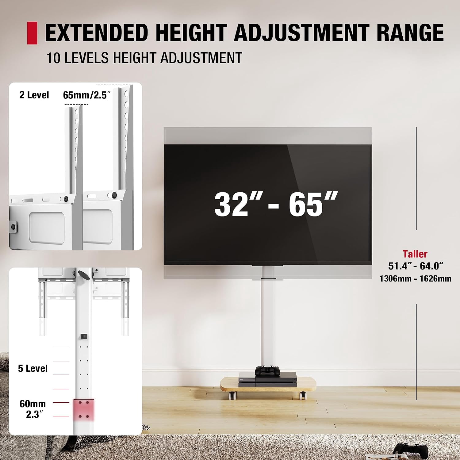 AOKCOS Rolling TV Stand for 32–65 Inch TVs, White, Portrait/Landscape Rotation, Tilt