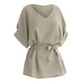 thumbnail image 6 of ZOHIUM Womens Dress Shirts V Neck Cotton and Linen Shirt Sleeved Shirt Bat Sleeves Large Size Loose Waisted Cotton and Linen Top N Women Womens Blouse Linen Shirt Women (Khaki,XXXL), 6 of 6