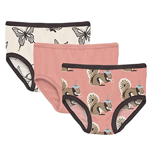Printed Girls Underwear, Set of 3, Incredibly Soft Girl Panties, Snug Fit,  All Day Wear (Natural Swallowtail, Blush & Blush Squirrel with Flower Hat -  XS-5/6) 