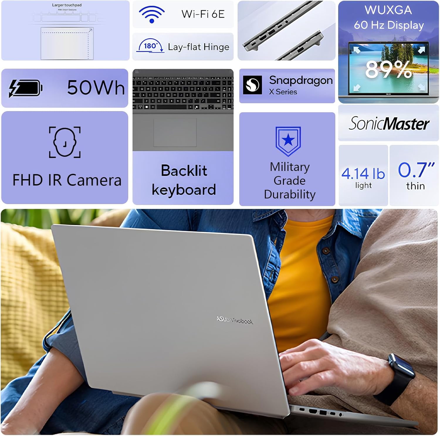 ASUS Vivobook 16 Laptop, 16" FHD+ WUXGA 60Hz Copilot+ PC, Qualcomm Snapdragon X(8-Core), 16GB LPDDR5 RAM, 1TB SSD, Wi-Fi 6E, Windows 11 Pro Notebook, USB HUB, Cool Silver