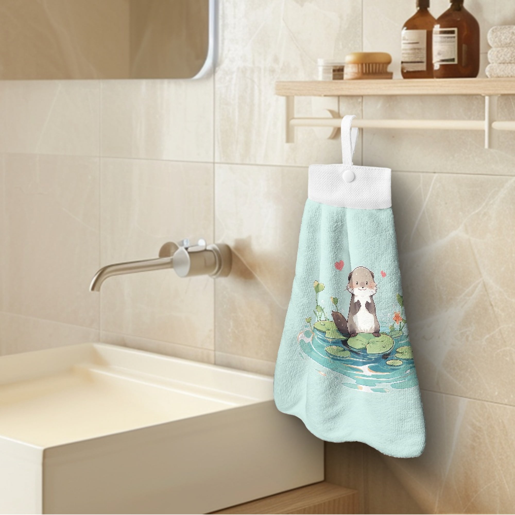 ZIATUBLE Otter Hanging Hand Towels Fast Drying Hanging Kitchen Dish Towel Set 3 Piece with Snap Button Bathroom Hand Bath Towel Easy to Clean Kitchen Hand Towels and Washcloths Home Decor