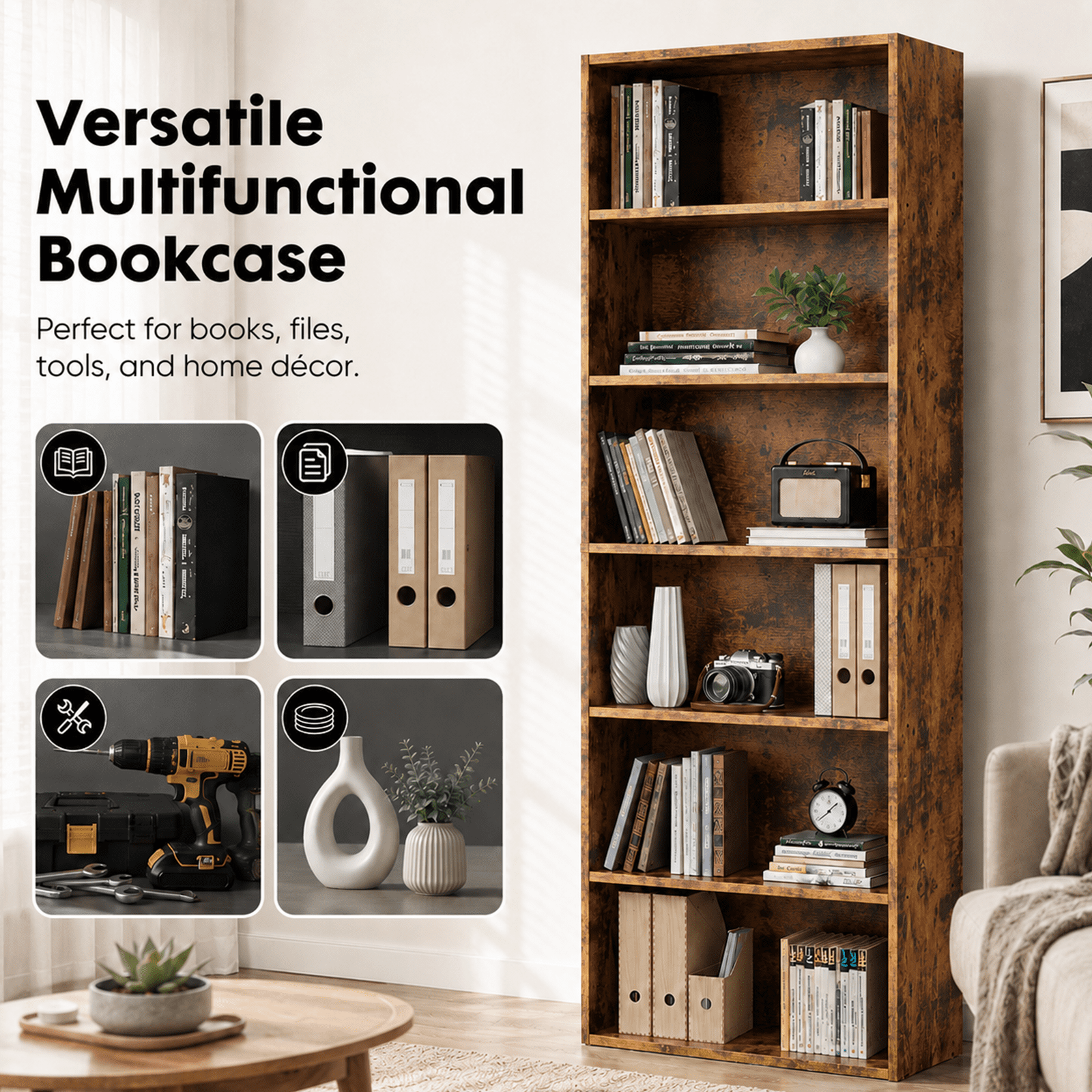 Alvantor 5-Tier /6-Tier Industrial Bookshelves and Bookcases, Tall Floor Standing Open Storage Shelf for Home Office, Living Room, Bed Room