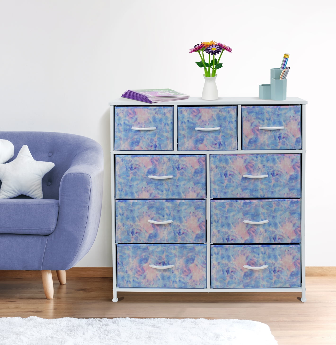 Sorbus 9-Drawer Dresser Nightstand End Table, Steel Frame, Wood Top, Tie-Dye Blue