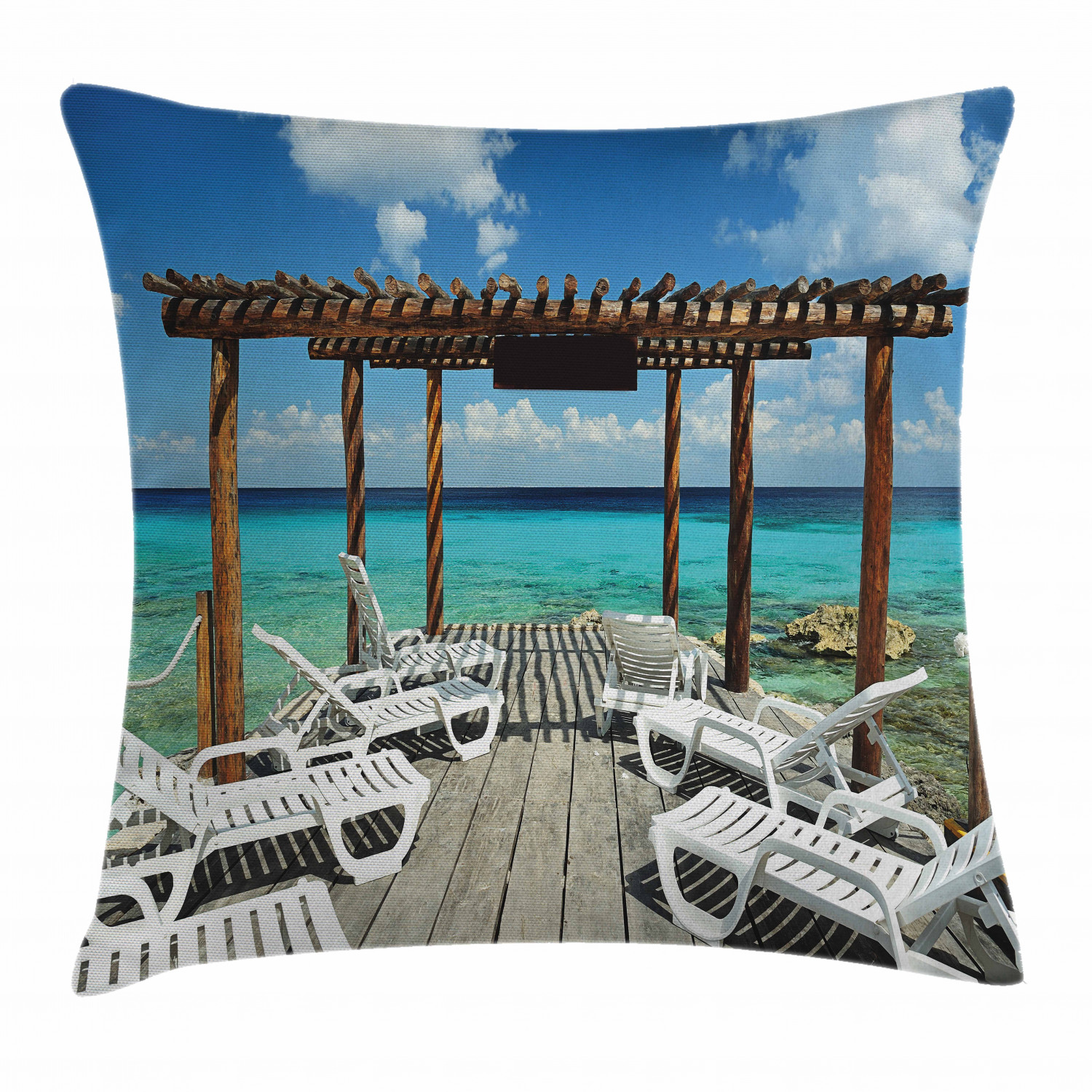 Travel Decor Throw Pillow Cushion Cover, Beach Sunbeds Ocean Sea Scenery with Wooden Seem Pier
