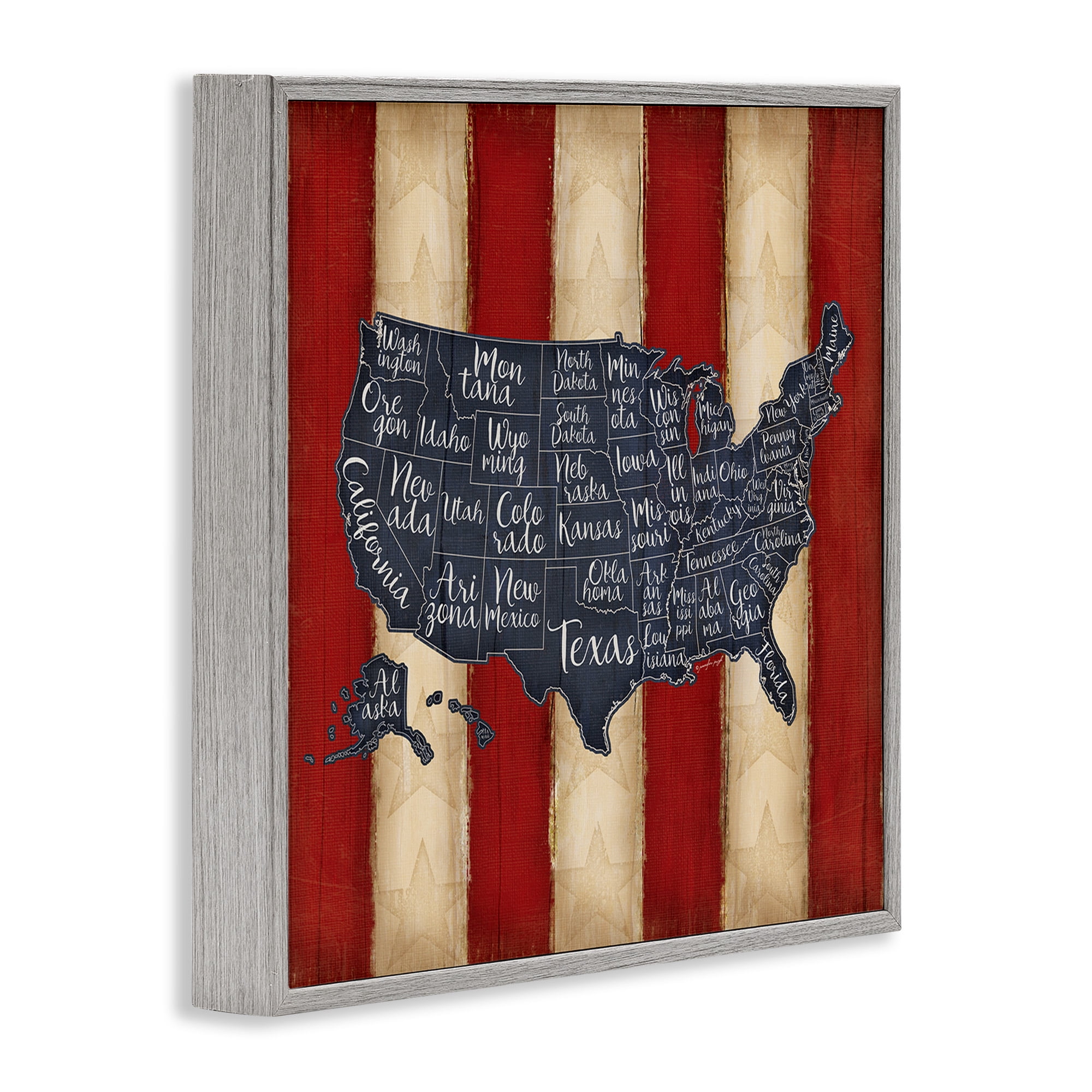 Stupell Industries United States Map on Stripes Art for Kids Painting Gray Framed Art Print Wall Art, 12 x 12