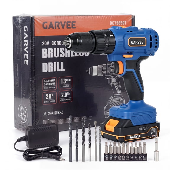20V Cordless Hammer Drill Set, 1/2" Keyless Chuck, 20 1 1 Clutch | 56-Piece Drill Kit, 398 In-lbs Impact, 2 Variable Speeds, 2.0Ah Battery, Charger Included