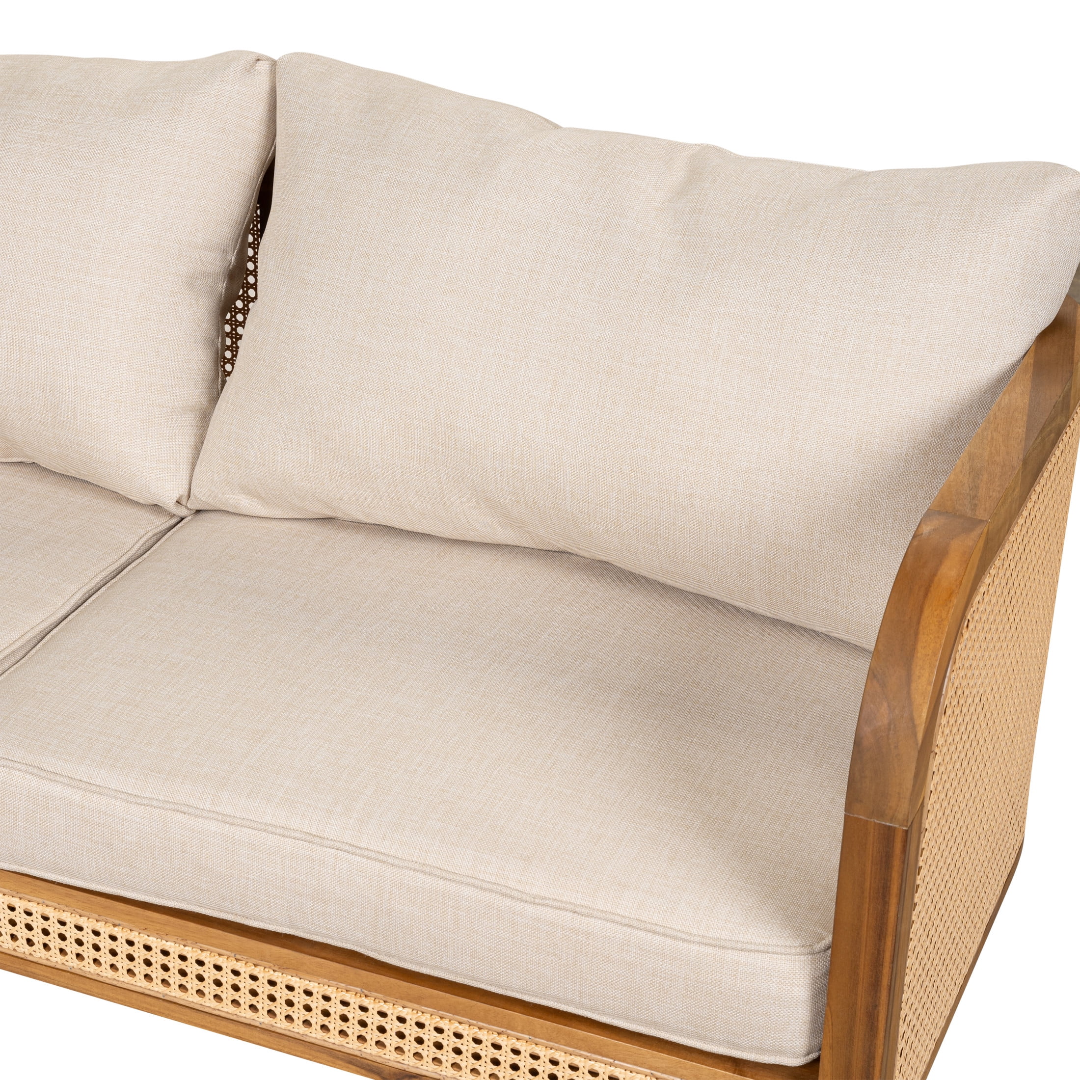 Christopher Knight Home Outdoor Wicker Sofa, Acacia Wood Frame with Cushions, Boho Patio Loveseat, Teak + Beige