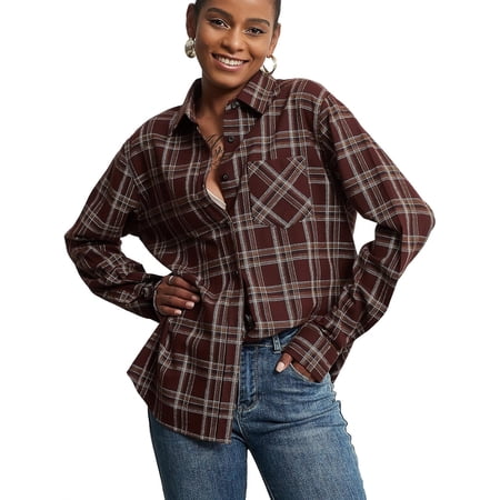 Womens Plaid Shirts Long Sleeve Button Down Flannel Shirt 100% Cotton Soft Casual Blouses (S425F-1/L)