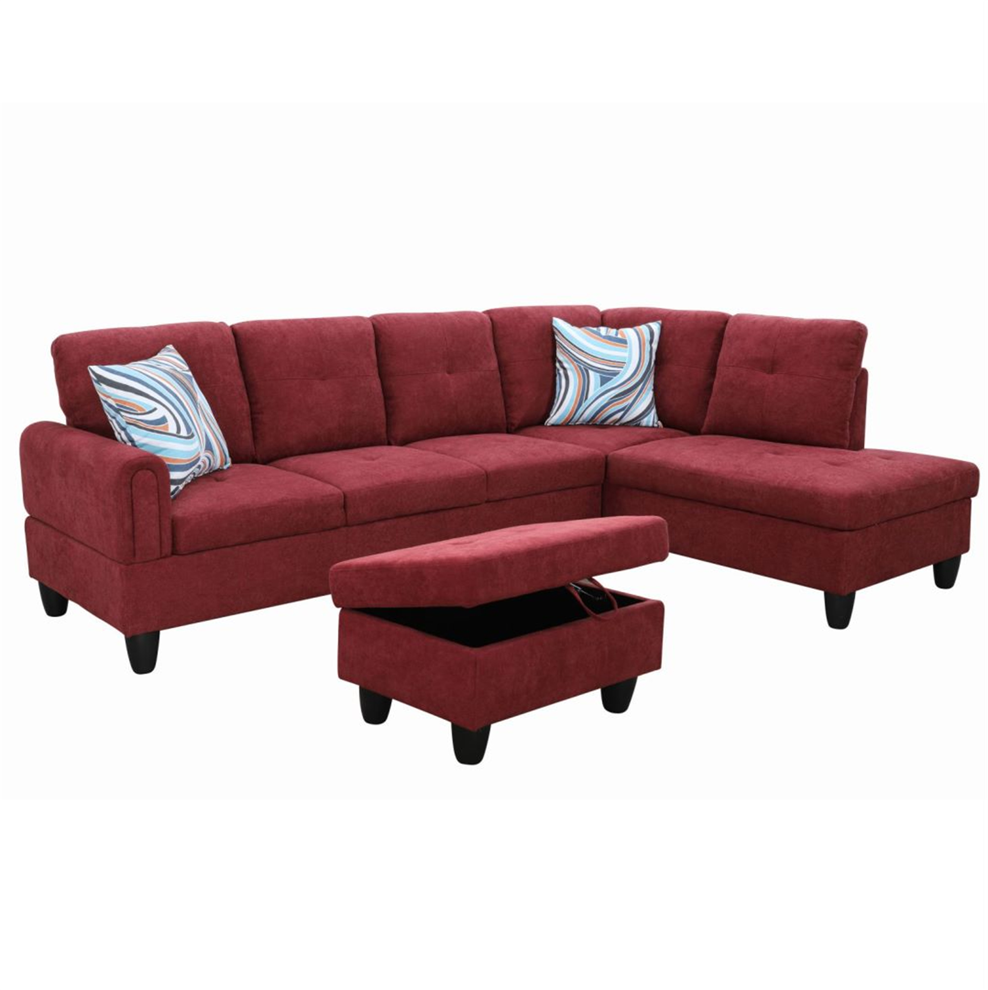 Aukfa Sectional Sofa, Living Room Couch with Storage Ottoman, Right Facing Chaise, Flannel, Red