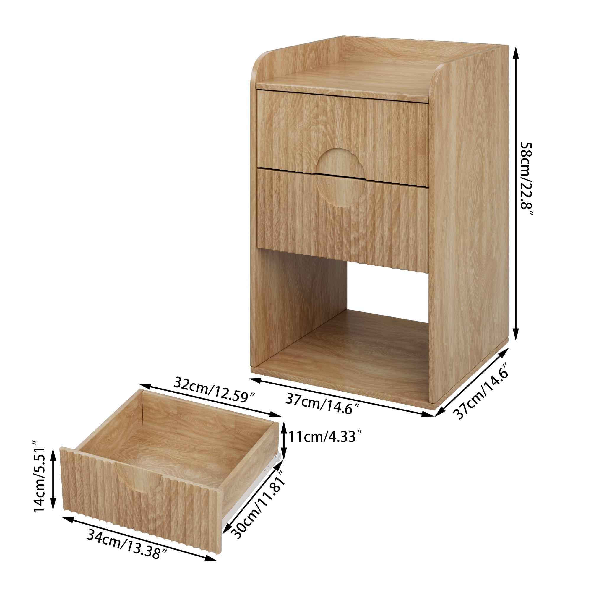 Nightstand Set of 2, End Table with Drawer, Fluted Side Table with Storage, Small bedside Table for Bedroom, Wood