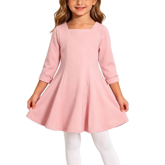 WMTBSRSW Toddler Girls Fall Dress Solid Casual Flowy A-Line Dress Long Sleeve Crewneck Casual Skater Dress for 0-8 Years