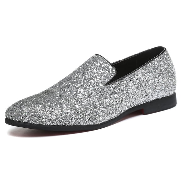 Santimon Mens Metallic Paillette Loafers Slip-on Glitter Moccasins Dress Shoes Leather Shoes Silver 12 US