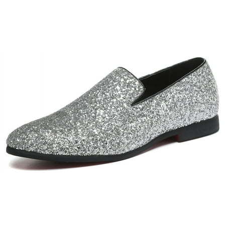 Santimon Mens Metallic Paillette Loafers Slip-on Glitter Moccasins Dress Shoes Leather Shoes Silver 8.5 US