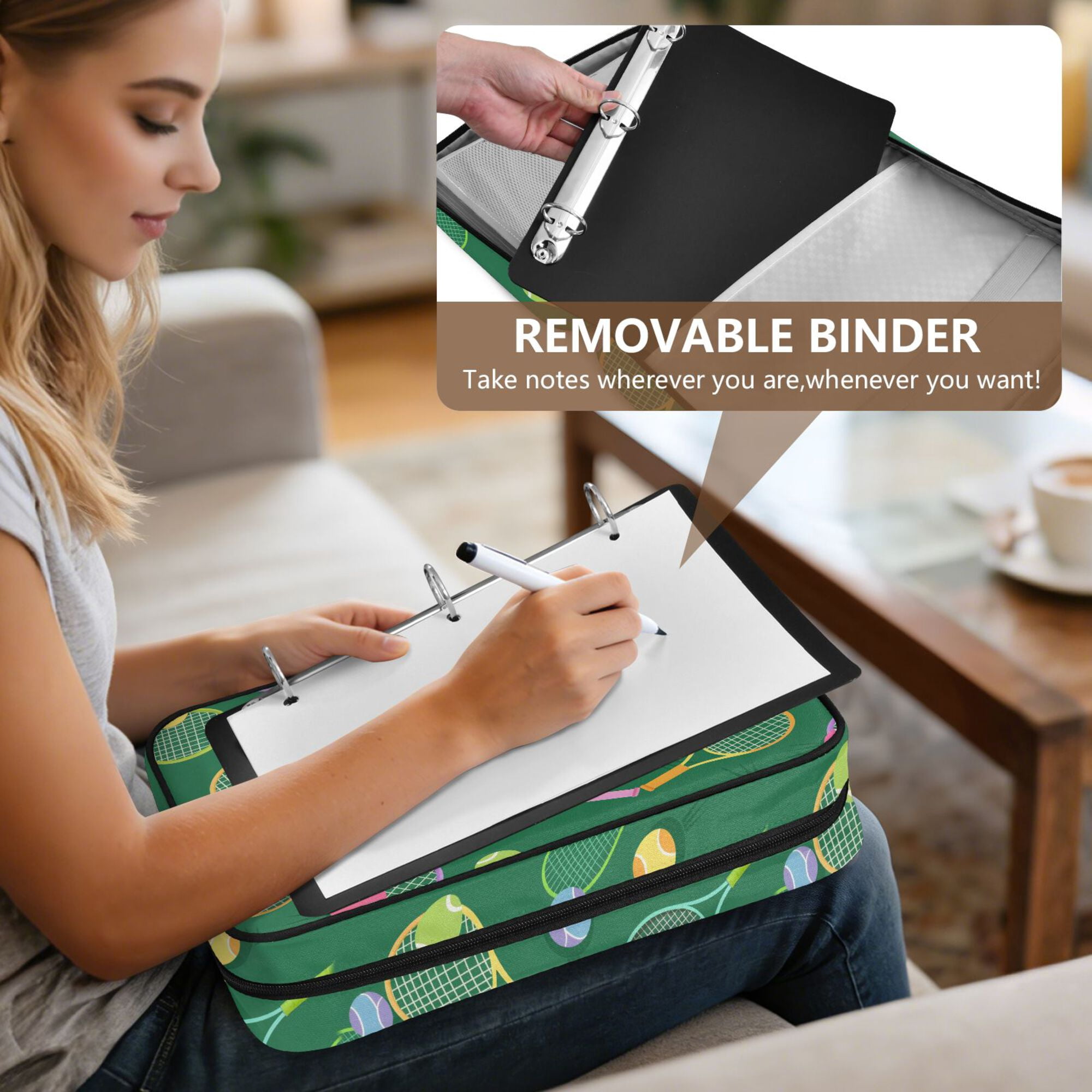 FORMRS Accordion File Folder A4 Size 7-Pocket Expanding Document Organizer Bag with 3 Ring Binder, Green Tennis Pattern