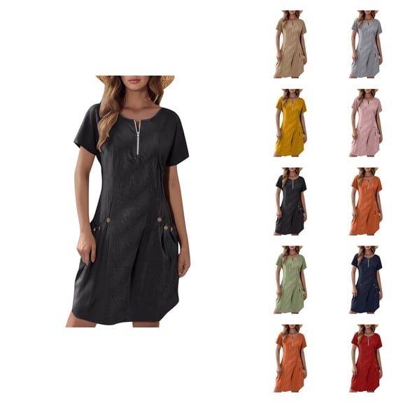 Tshirt Dress Women Cotton Linen Short Sleeve Crewneck Quarter Zip Midi Dress Casual Summer Dress with Pockets