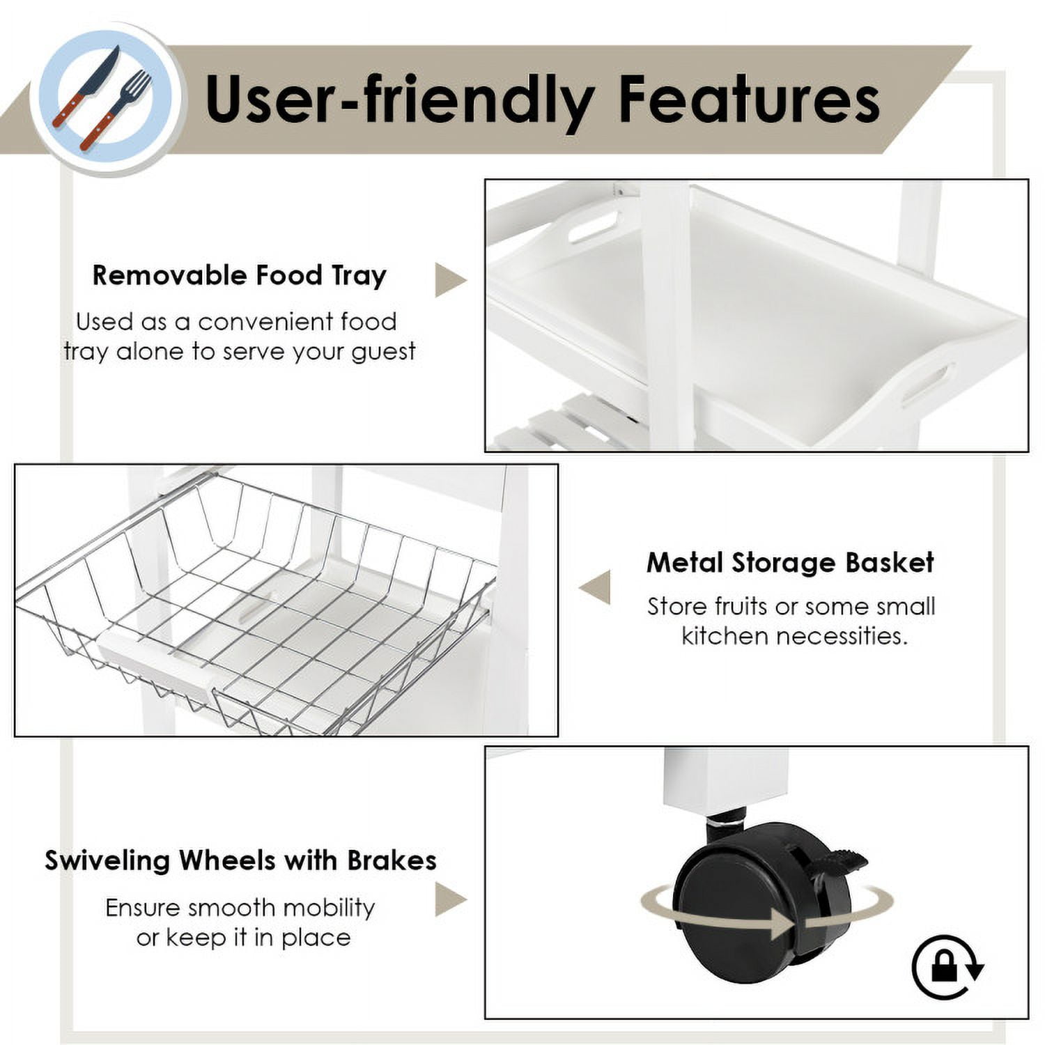 Finihen Rolling Cart, Kitchen Island Cart, Kitchen Island Cart with Stainless Steel Tabletop and Basket, for Kitchen, Dining Room, White Finihen Rolling Cart, Kitchen Island Cart, Kitchen Island Cart with Stainless Steel Tabletop and Basket, for Kitchen, Dining Room, White