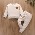 thumbnail image 2 of Odeerbi Toddler Sweatshirt Autumn Winter Girls Boys Cotton Strip Cartoon Bear Crew Neck Long Sleeve 2025 Casual Sweater Trousers Set Beige, 2 of 9