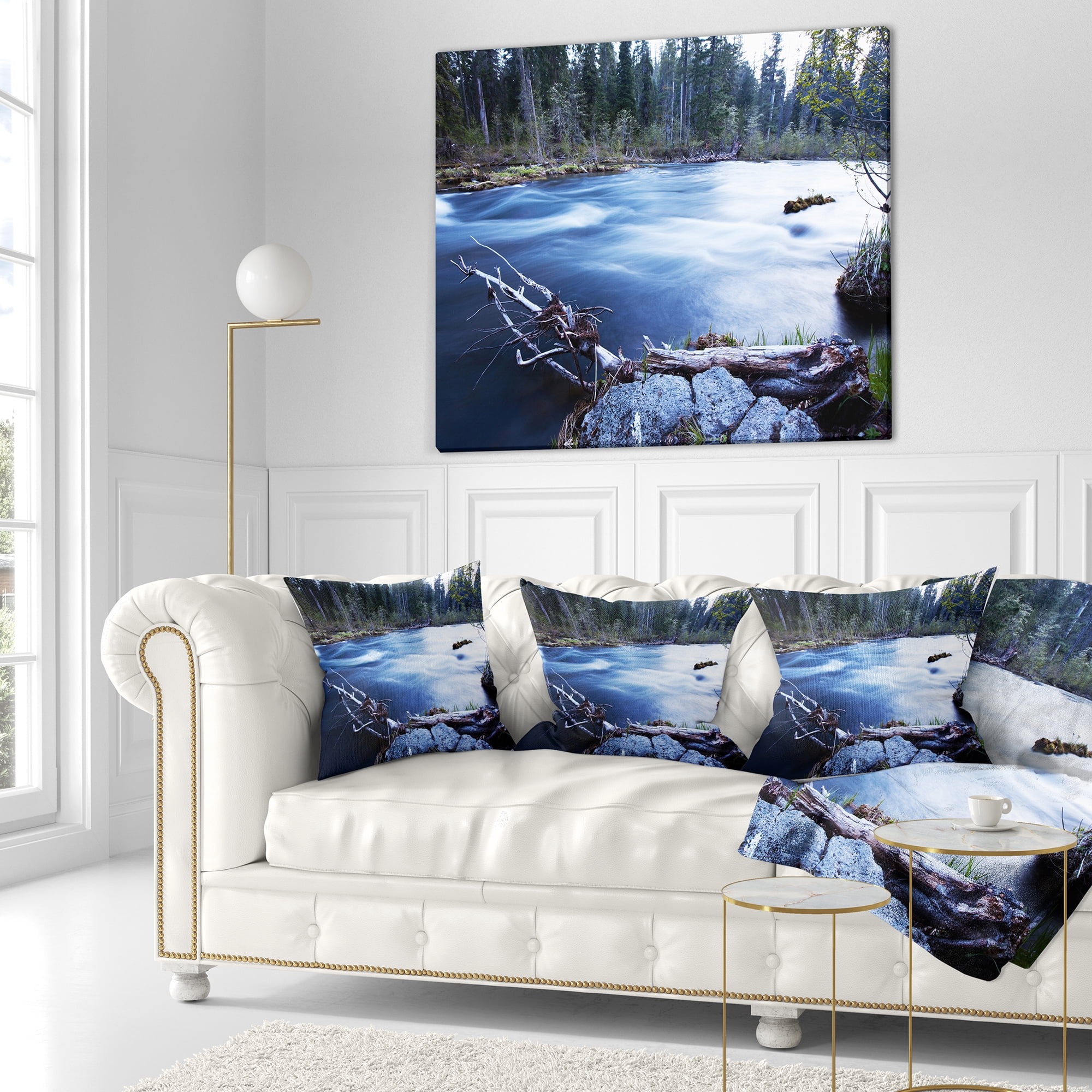Designart Blue River in Forest At Evening - Landscape Printed Throw Pillow - 18x18
