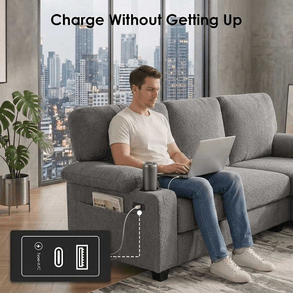 Howcool 80" Convertible Sectional Sofa Couch, L-Shaped Loveseat with Storage Ottoman, USB Ports, Cup Holders & Deep Seats, Modern Teddy Fabric Couch for Apartment Living Room Small Space, Light Grey