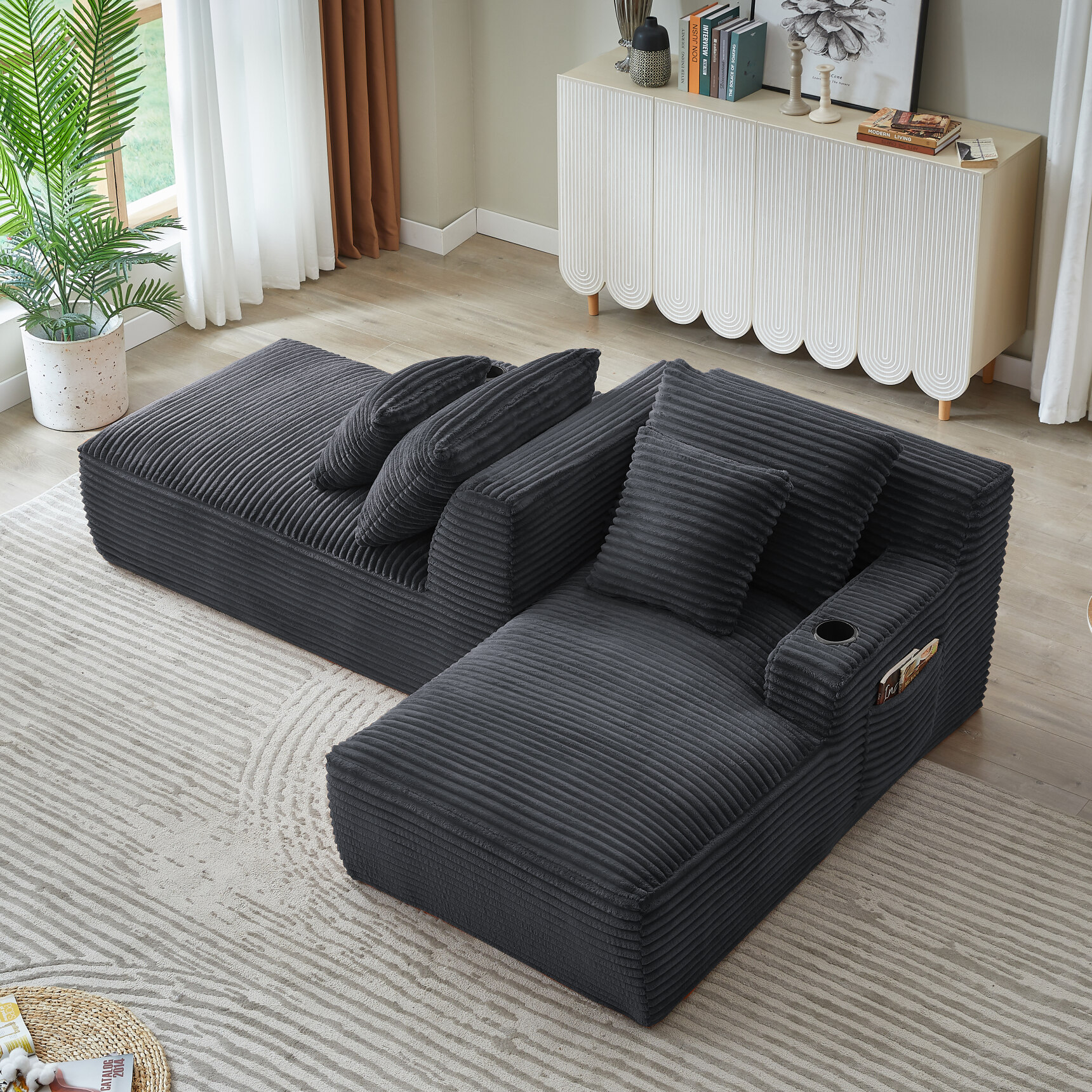 71" Oversized Double Chaise Lounges Indoor, Upholstered Corduroy Sofa Bed with Dual Cup Holders, Sectional Sleeper Loveseat for Living Room, Dark Grey