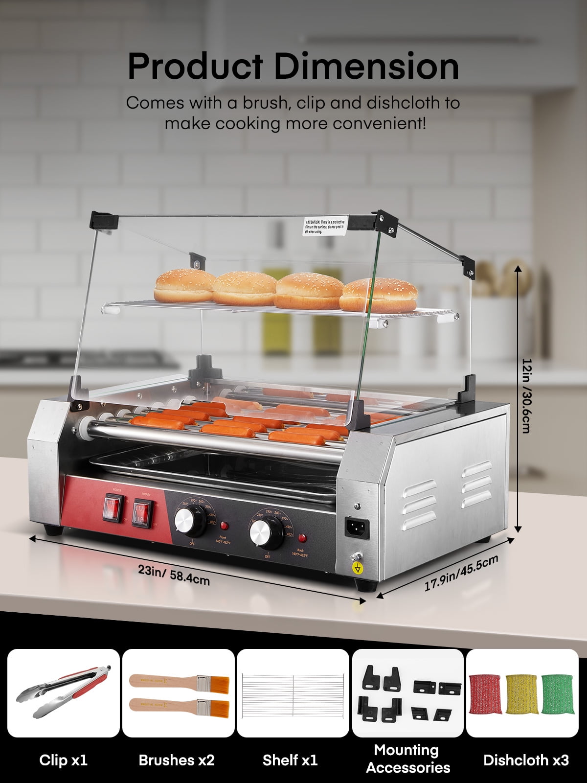 FOHERE Electric Hot Dog Roller, 18-24 Hot Hogs, 7 Roller Grill Cooker Machine Backsplash & Shelf 1050W
