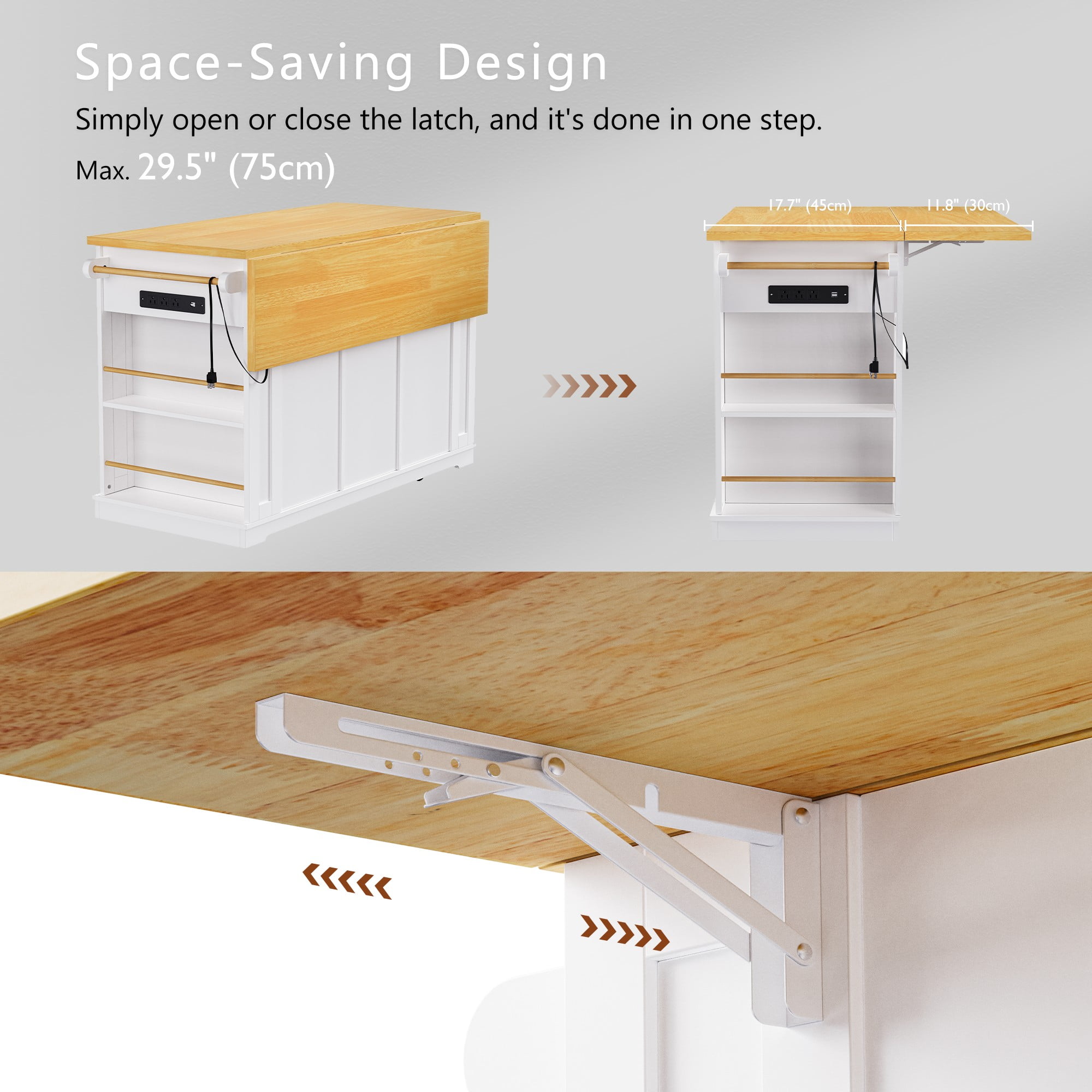 53" Island Table for Kitchen with Drop Leaf, Power Outlet, Kitchen Island with Storage, Rolling Kitchen Cart on 5 Wheels with 5 Open Side Racks (Not include bar stools)