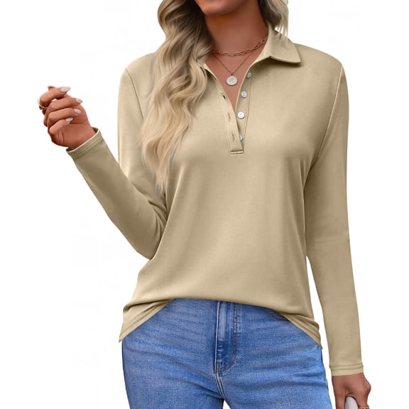 CIENVNSTG Women's Polo Shirts Long Sleeve Button Down Golf Shirt Lightweight Breathable Lapel Collar Henley Shirts Solid Color Versatile Basic Shirts Khaki S