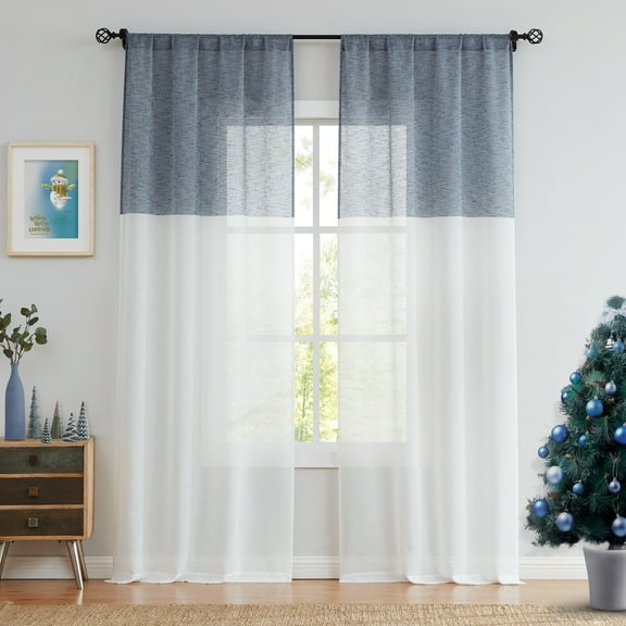 Uptown Home Navy White Color Block Sheer Farmhouse Window Curtain Panels for Living Room Linen Drape Treatment with Rod Pocket for Bedroom, 50"x84"x2