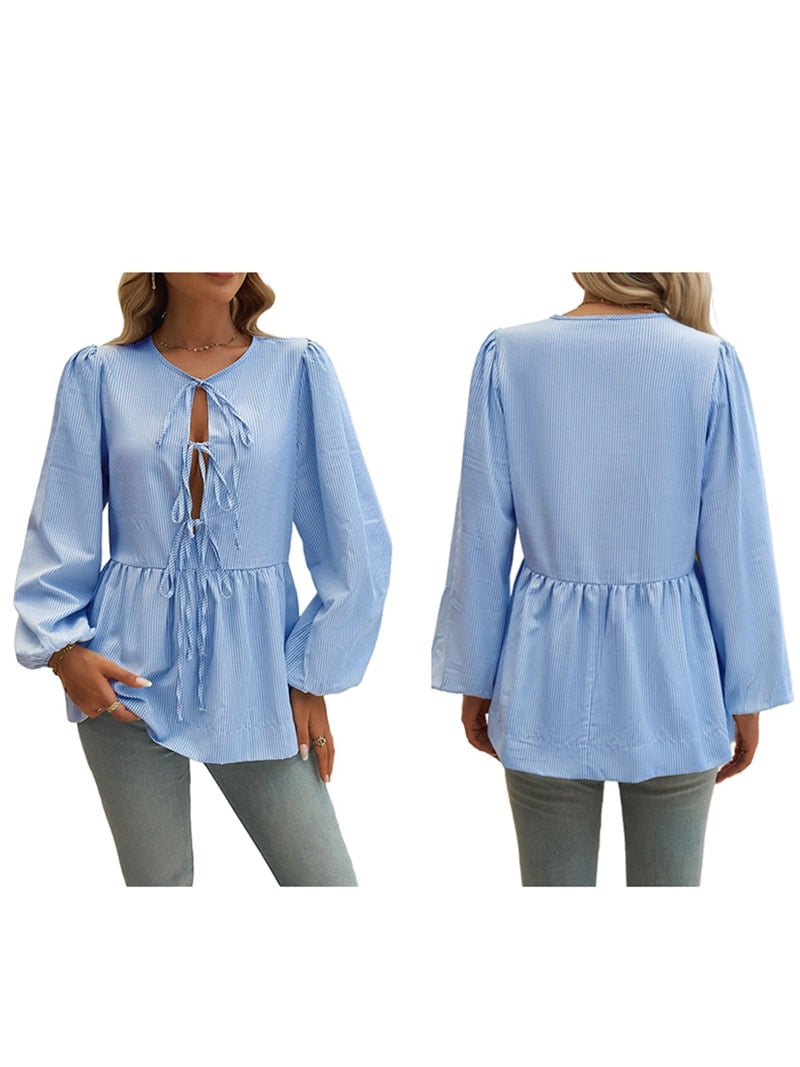 Women'S Tie Front Babydoll Blouse Tops Long Sleeve Stripe Peplum