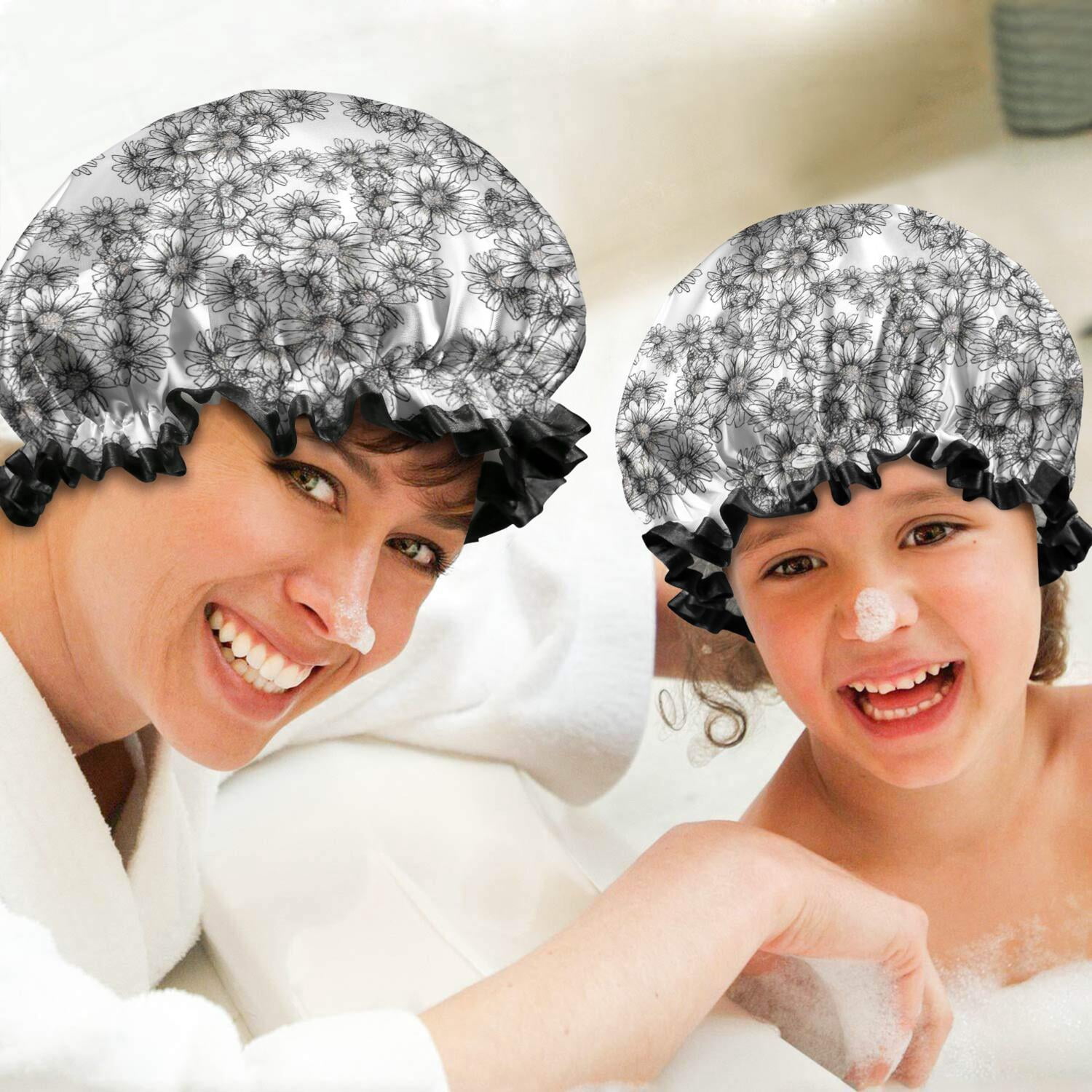 Shower Caps,White Daisy Pattern Waterproof Shower Cap for Women 4 Pieces,Double Reusable Hair Cover for Shower PEVA Elastic Stretch Hem