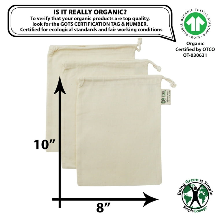 Simple Ecology Organic Cotton Muslin Reusable Grocery Shopping Produce Bags Small 3 Pack