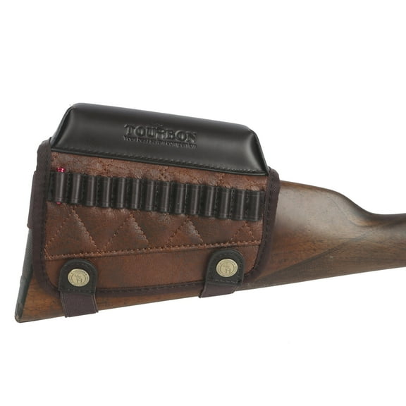 TOURBON PU Leather Buttstock Cheek Rest for Hunting Rifle with .22LR/.17HMR Shell Holder- Right Handed Brown
