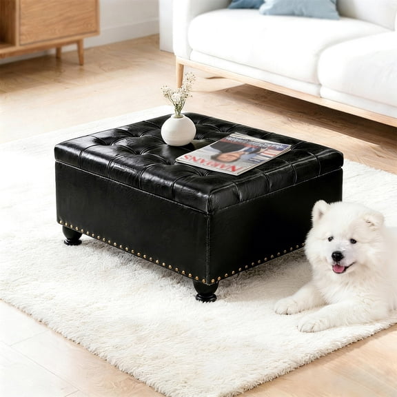 Black Leather Ottoman - Large Square Design for Extra Seating and Storage - Tufted Coffee Table Ottoman with Storage for Livingroom, Bedroom
