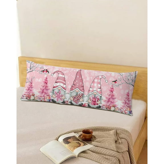 Seasonal Christmas Gnomes Throw Pillow Cover, Winter Branch Pink Xmas Rectangle Decorative Pillow Case Protector Soft Cushion Cover Lumbar Pillowcase for Couch Sofa Bedroom Car Chair Decor 20x54 Inch