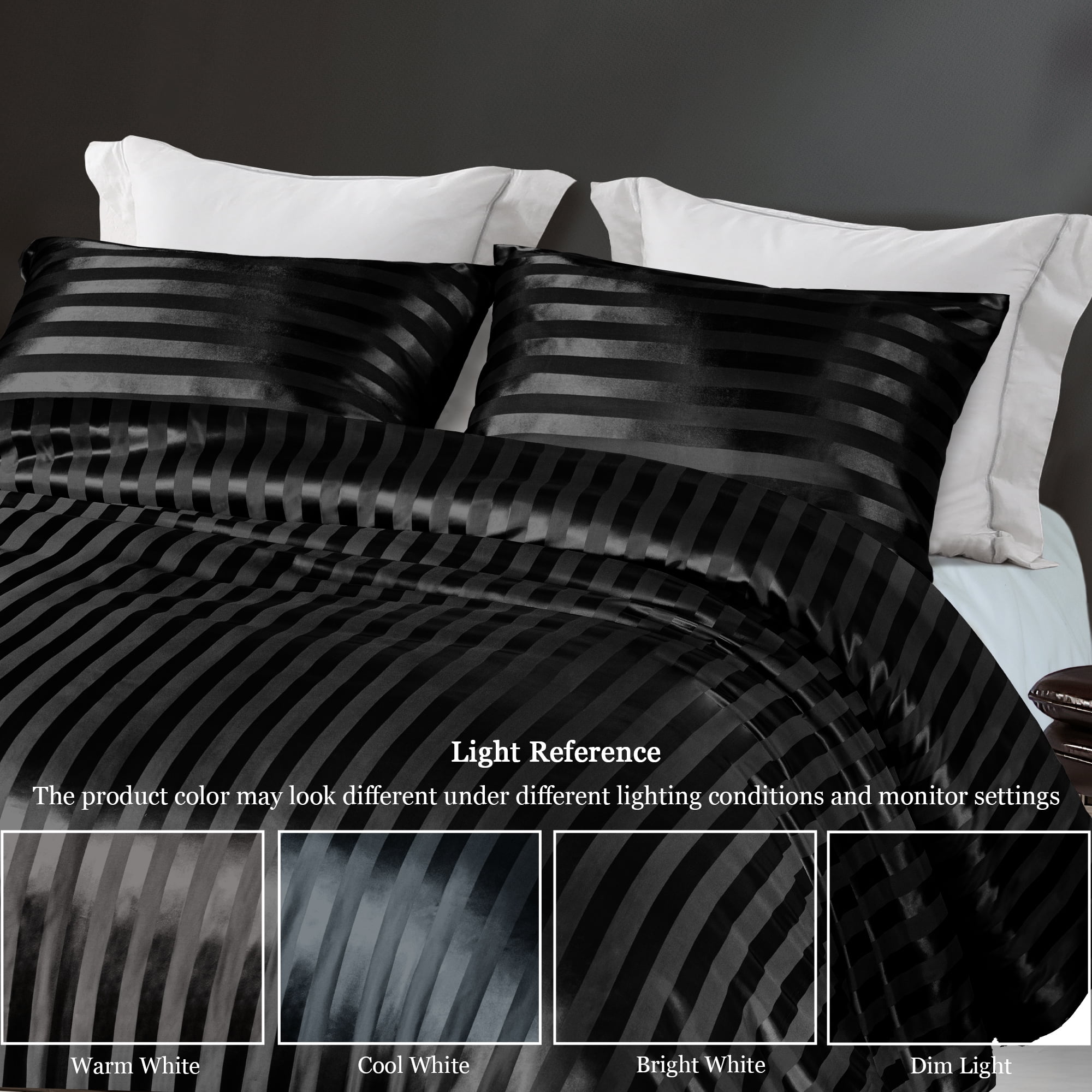 Whale Flotilla 3-Piece Luxury Stripe Satin King Size Comforter Set, Reversible Silky Soft Bedding Set with 2 Pillowcases, Lightweight All-Season Comforter, Black