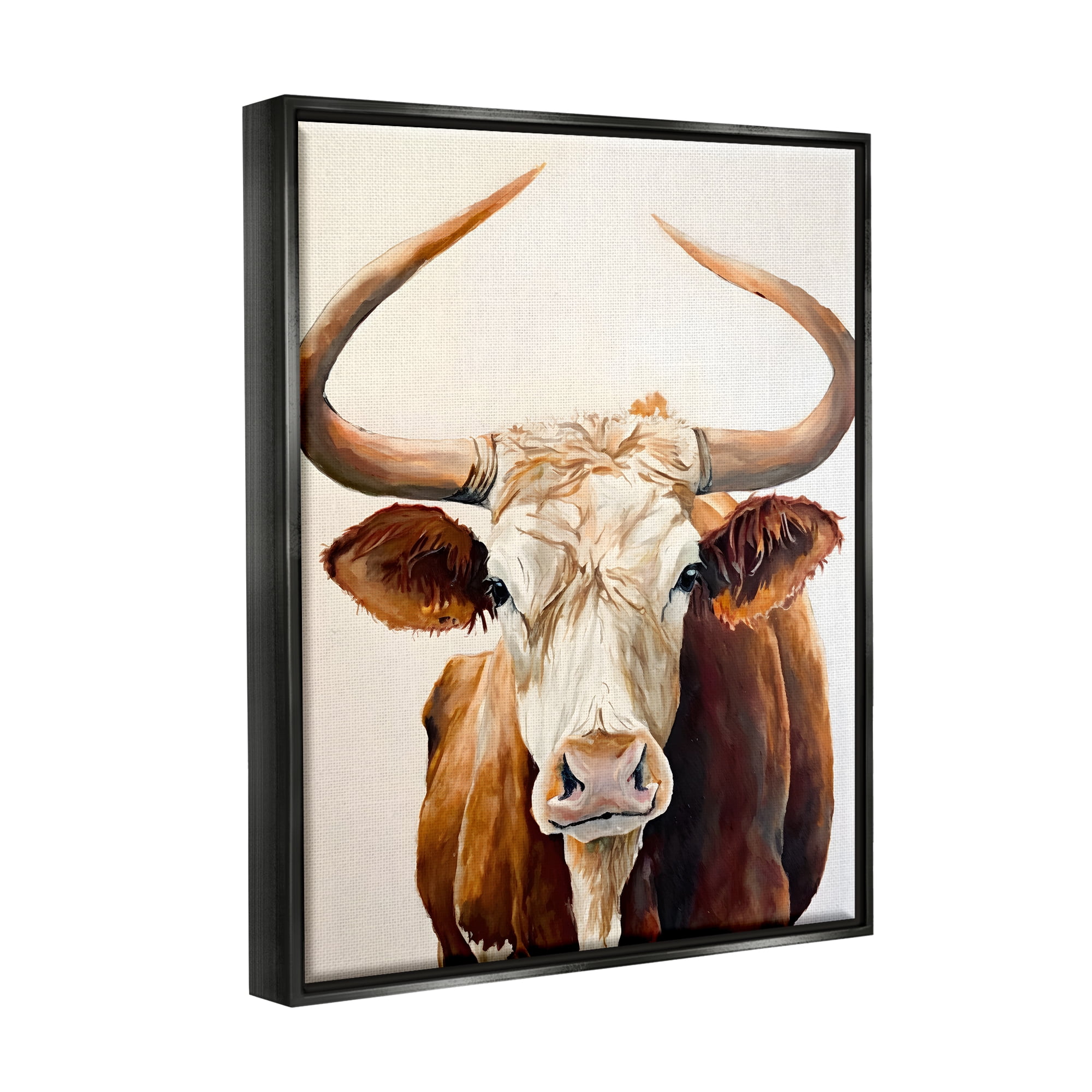 Stupell Industries Longhorn with Curved Horns Animals & Insects Painting Black Floater Framed Canvas Art Print Wall Art, 25 x 31