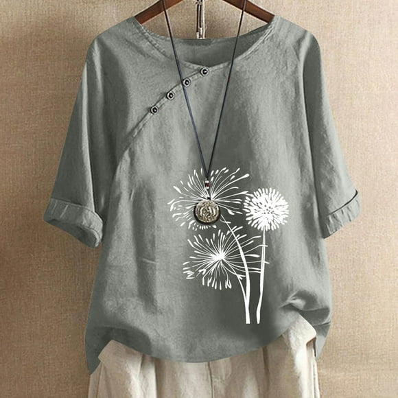 Baikeli Womens Summer Tops Trendy Women's 3/4 Length Sleeve Tops 2024 Summer Daily Pullover Casual Dandelion Print T-Shirts Loose V Neck Blouses 3/4 Sleeve Tunic Tops for Women
