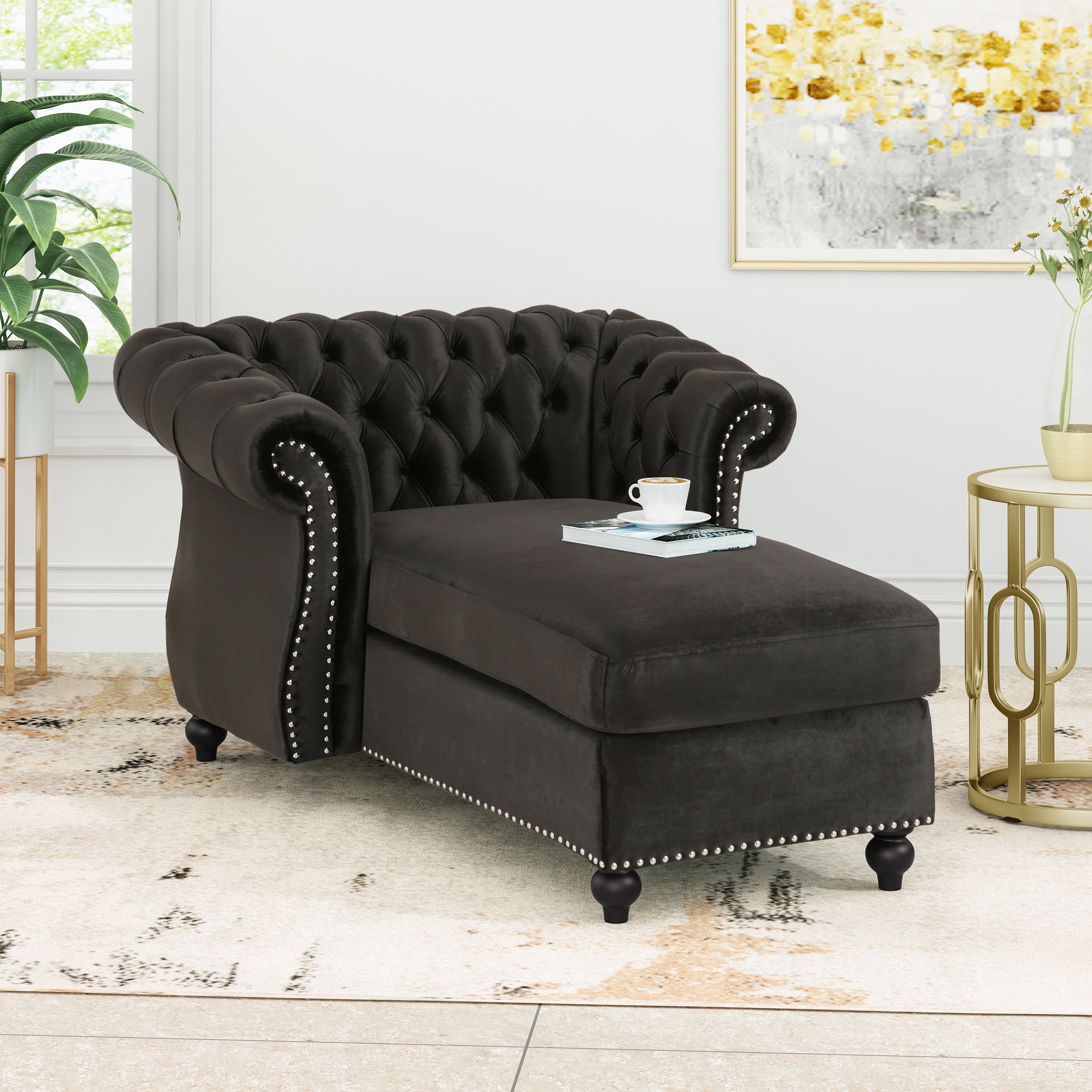 Phyllis Modern  Glam Chesterfield Chaise  Lounge Black and 