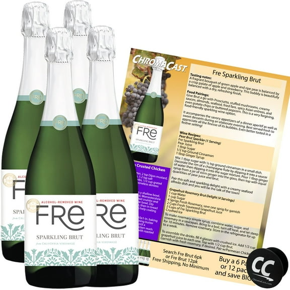 Sutter Home Fre Sparkling Brut Non-Alcoholic Champagne Experience Bundle with Chromacast Pop Socket, Seasonal Wine Pairings & Recipes, 12/750ML, 4-Pack