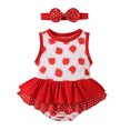 thumbnail image 1 of Gibobby Mamelucos para bebe niño Conjunto de diademas para niñas pequeñas sin mangas con estampado de fresas y volantes(Rojo, 3-6 Meses), 1 of 5