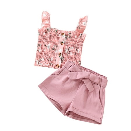 

Baby Girls Outfit Sets Clothes Summer Sleeveless Floral Ruffle Strap T Shirt Tops Bow Shorts Casual 2Pcs Outfits Set