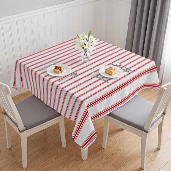 Red Striped Table Cloth Waterproof Tablecloths, Red White Stripes Farmhouse Tablecloth Dining Table Cover for Kitchen Party Tabletop Outdoor, Square Tablecloth 60x60 Inch