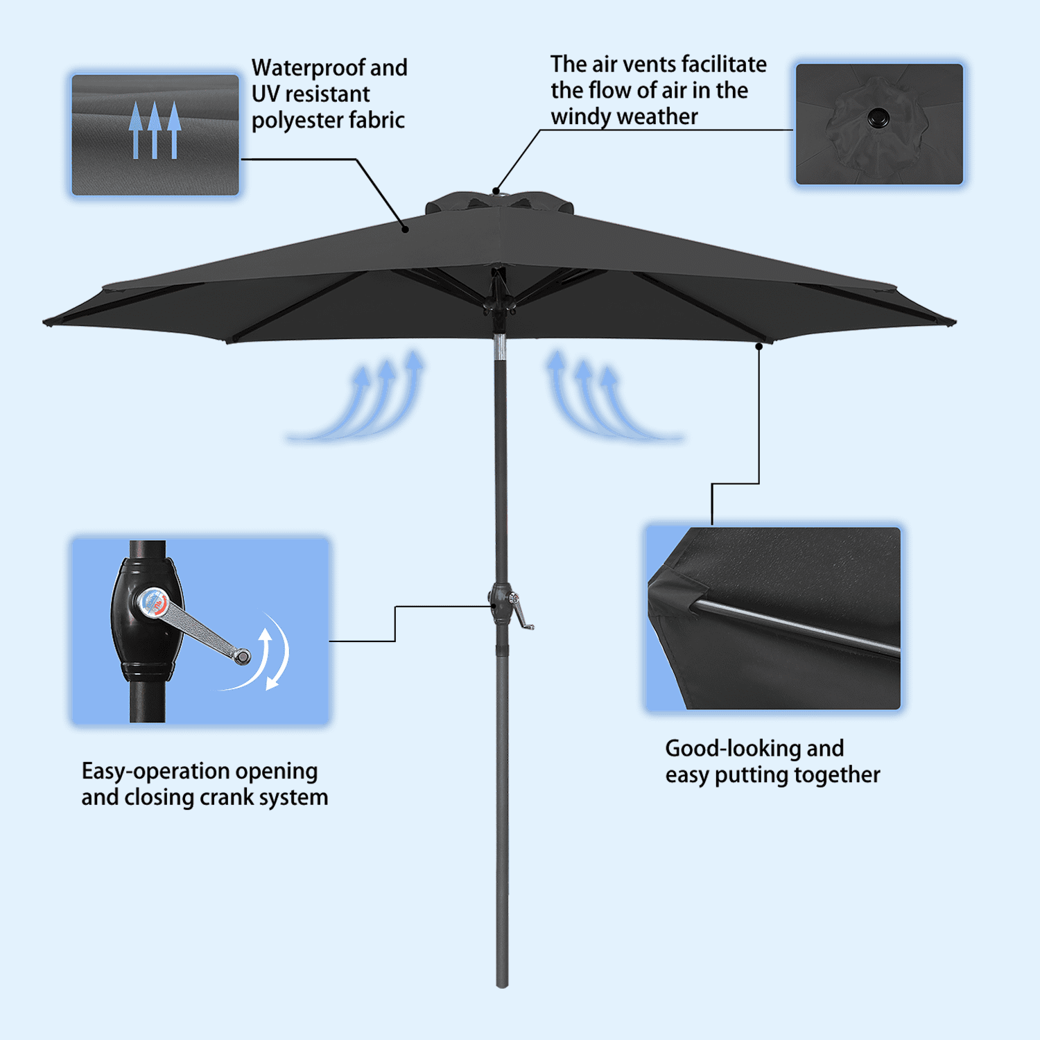 Lacoo 9' Black Patio Umbrella Outdoor Market Table Umbrella with Push Button Tilt, 8 Sturdy Ribs