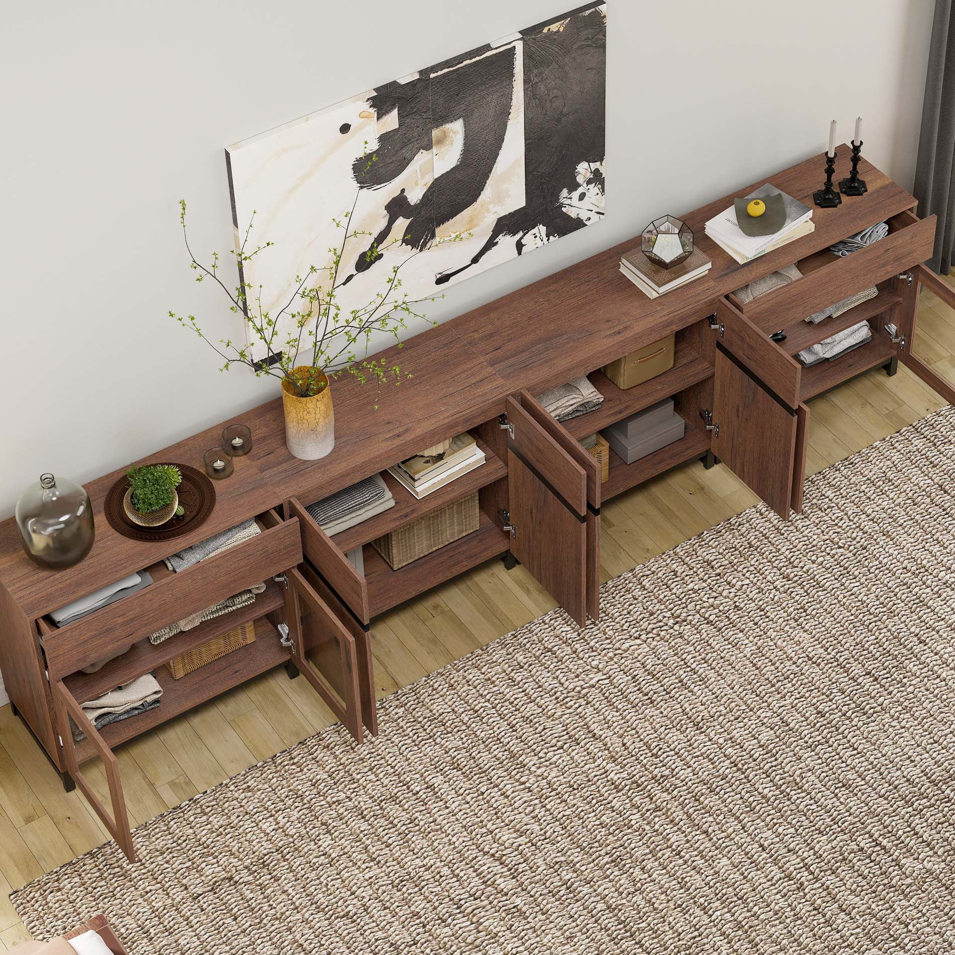 4 In 1 Dresser with Glass Doors and 2 Drawers, Modern Storage Chest with Adjustable Shelf & Metal Base, Multifunctional Closet Organizer for Bedroom Living Room,Brown