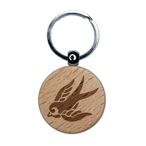Sweet Flying Swallow Nautical Tattoo Round Keychain Charm Tag - Engraved Wood