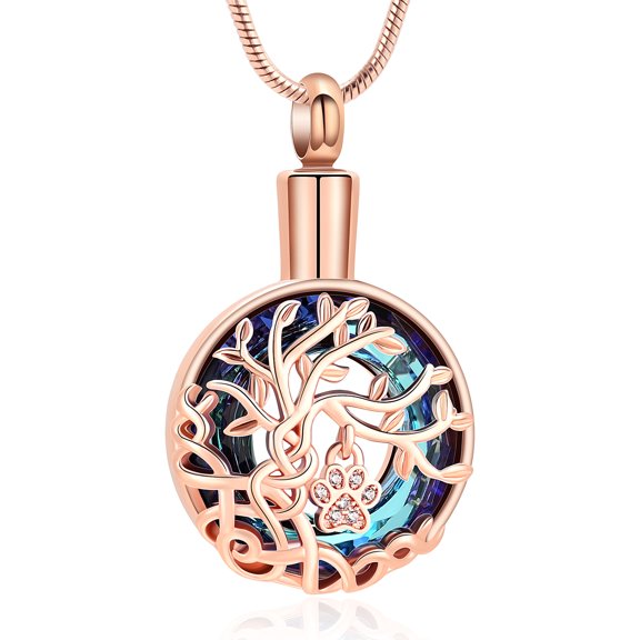 Tree of Life Circle Paw Print Urn Pendant Cremation Jewelry for Ashes Keepsake Pet Memory Necklace Dog Cat Memorial Jewelry