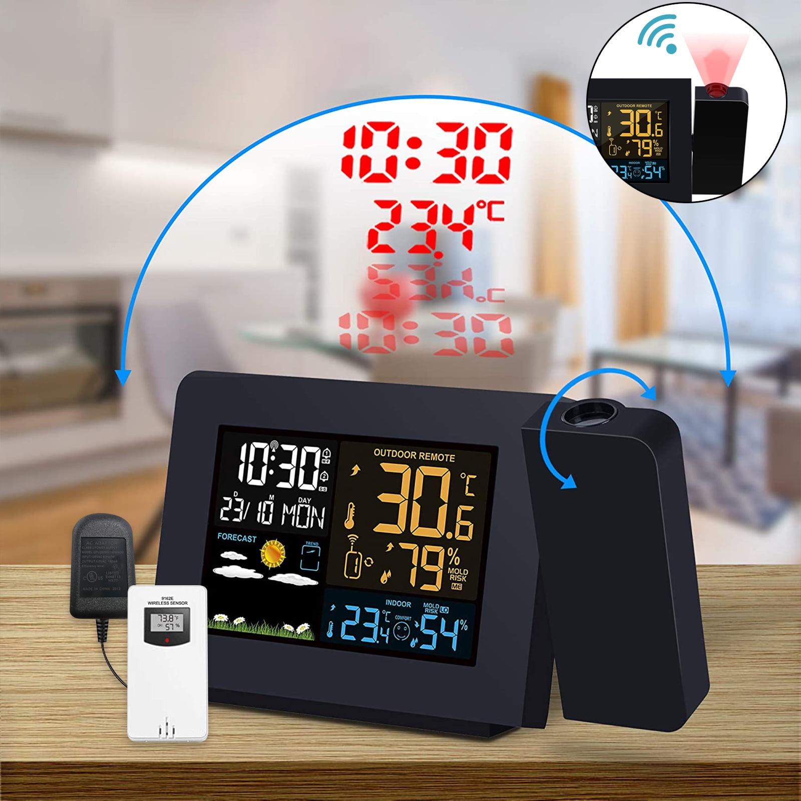 Wireless Indoor Outdoor Thermometer Temperature Humidity Monitor Gauge Hygrometer Projection Alarm Clock for Bedrooms with Weather Station 